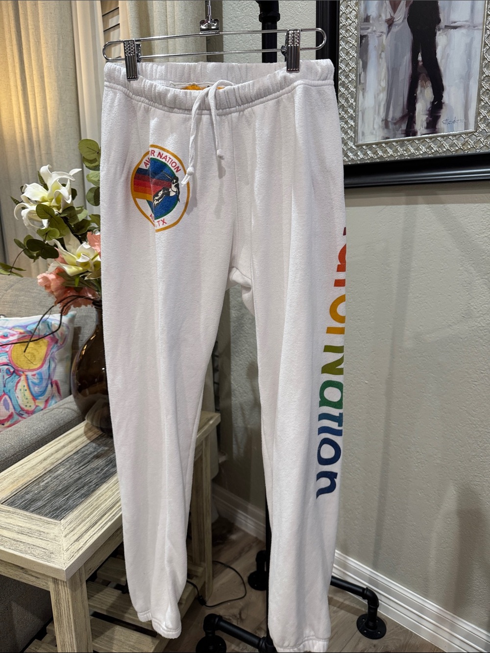 Aviator Nation White Joggers with Rainbow Logo